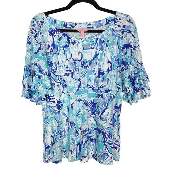 Lilly Pulitzer S Blue Lula Top Ruffle Sleeves Elephant Floral Print Pima Cotton - Picture 1 of 9
